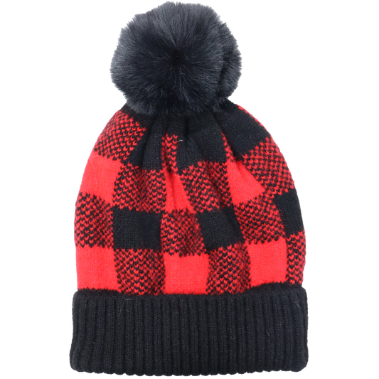 Check Pom-Pom Lined Hat