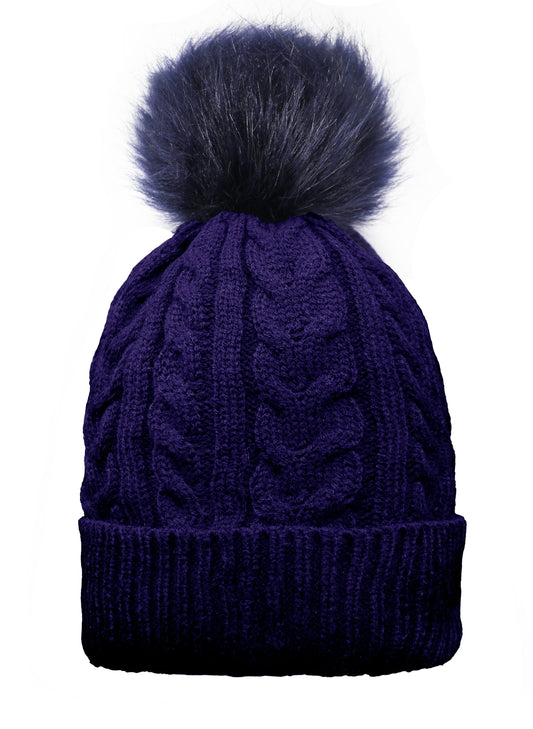 Adult Cable Knitted Pom Pom Hat With Faux Fur Lining